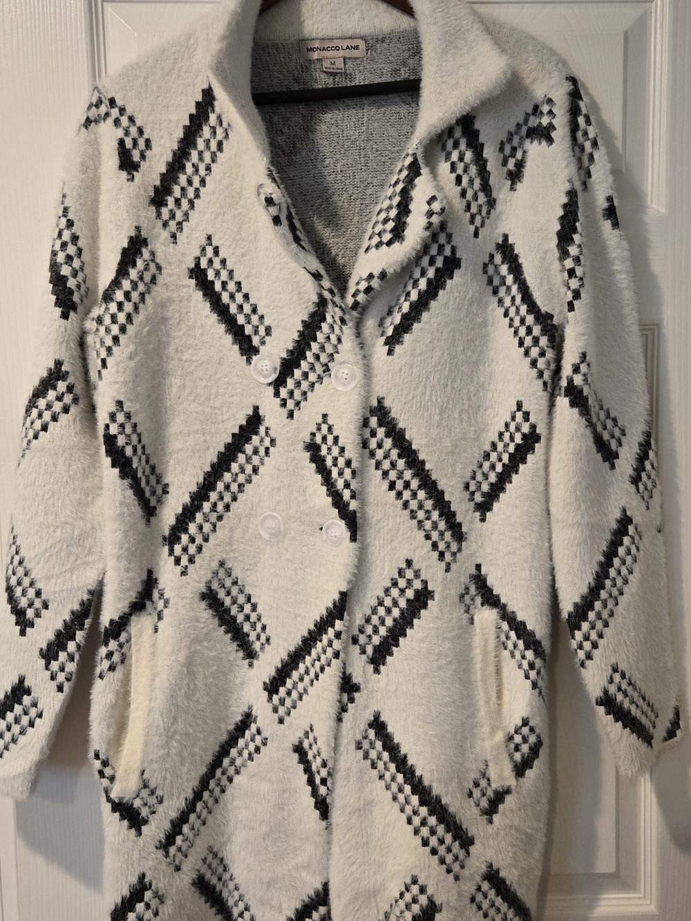 monaco Women's Cream & Black Patterned Cozy Double-Breast Sweater Long
